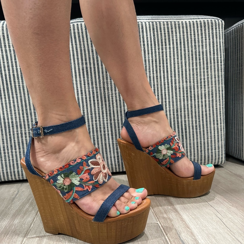 Bakers Blue Floral Wedge Sandals